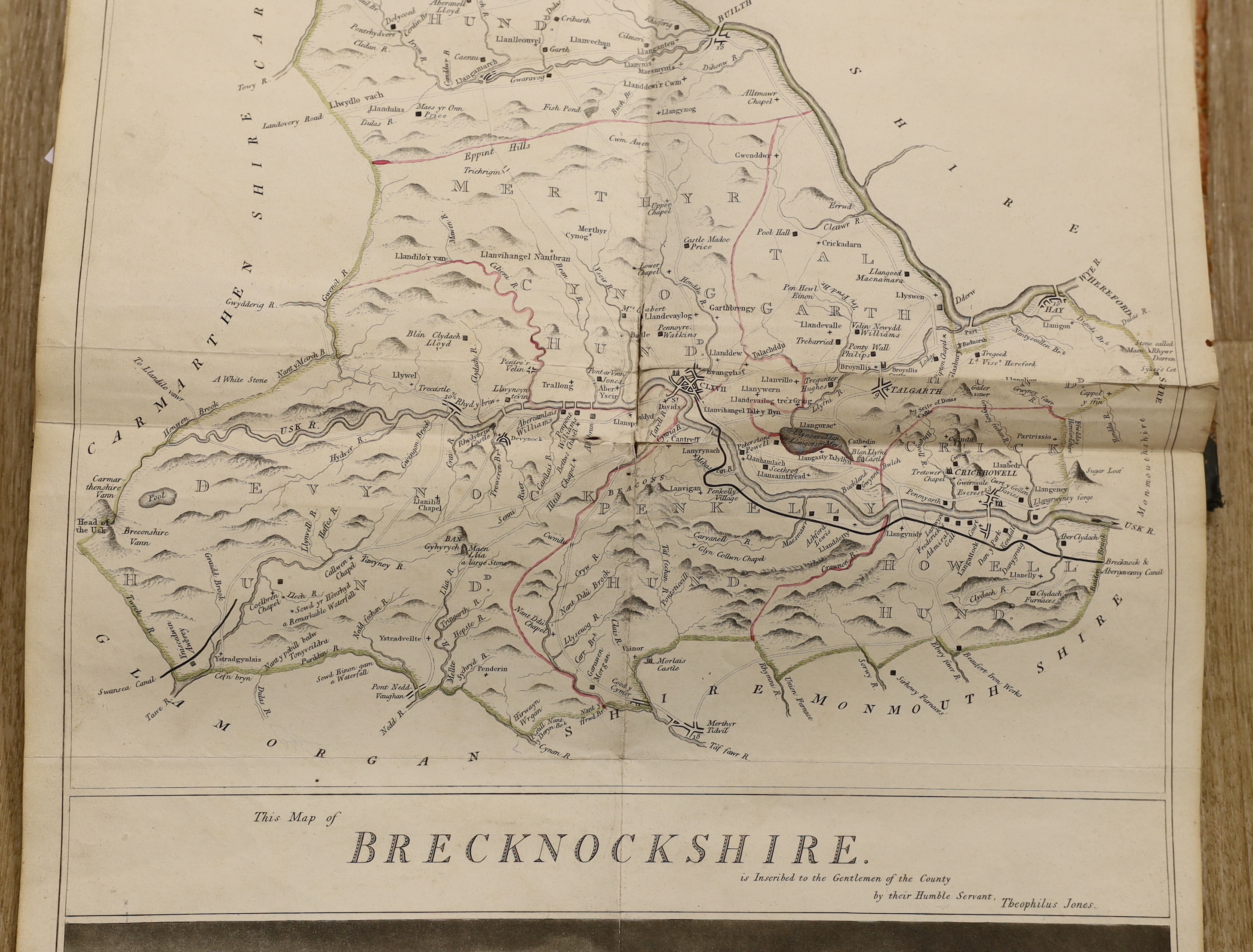 Jones, Theophilus - A History of the County of Brecknock.... 2 vols. pictorial engraved titles, a folded pictorial map (outline colour), a plan of Brecon, 3 hand coloured armorial plates and 28 others, engraved text illu